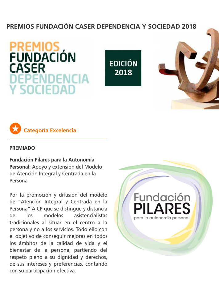 Fundación Pilares, Premio CASER Dependencia y Sociedad 2018 en la Categoría Excelencia Fundación Pilares, Premio CASER Dependencia y Sociedad en la Categoría Excelencia