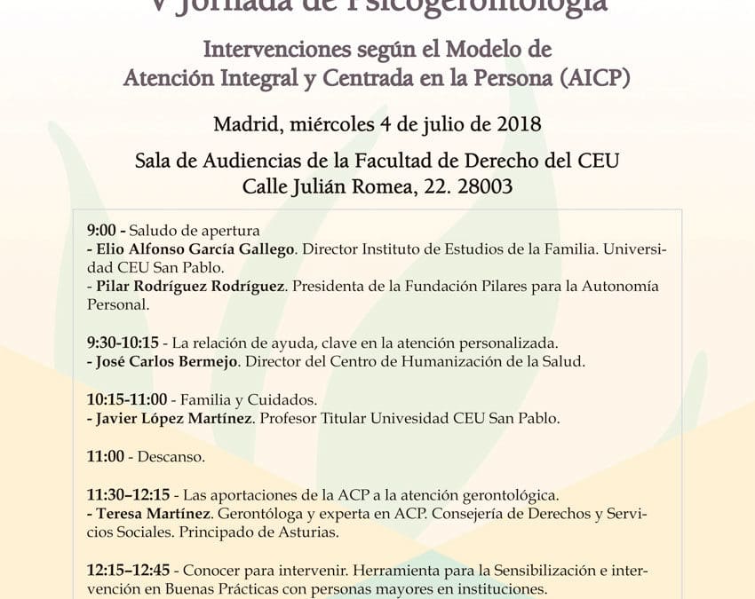 V Jornada de psicogerontología: intervenciones según el modelo Atención Integral y Centrada en la Persona (AICP)