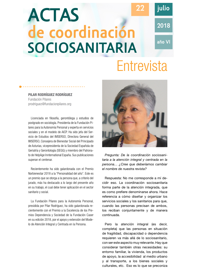 Entrevista a Pilar Rodríguez en la Revista Actas de Coordinación Sociosanitaria, Nº22.