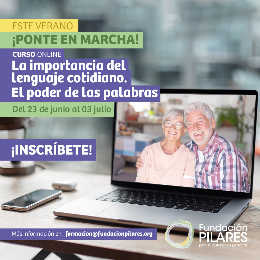 Formación Cartel curso online La importancia del lenguaje cotidiano, El poder de las palabras, con portátil mostrando imagen
