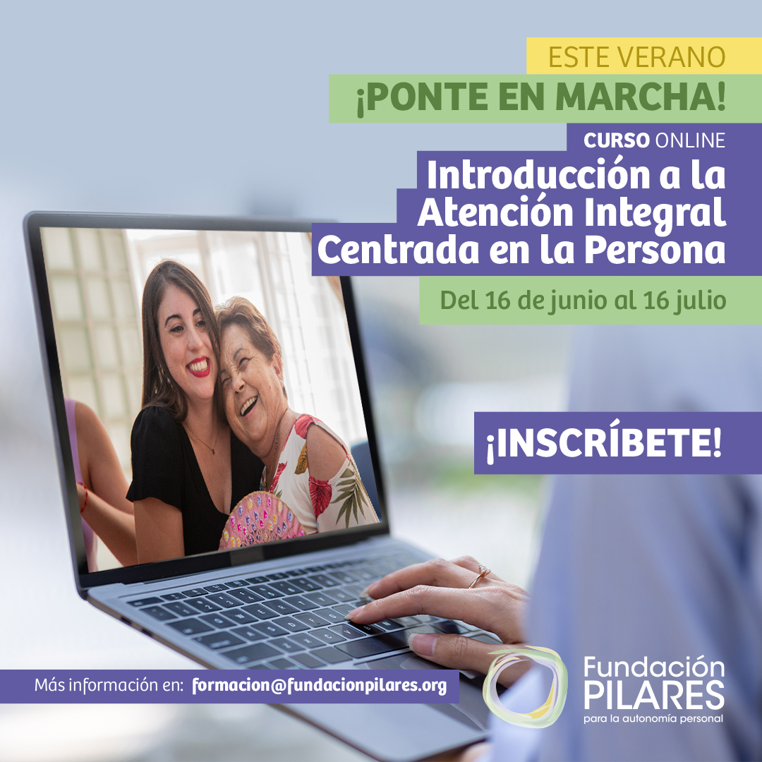 Formación Cartel curso online Introducción a la Atención Integral Centrada en la Persona, con portátil y texto ¡Inscríbete!